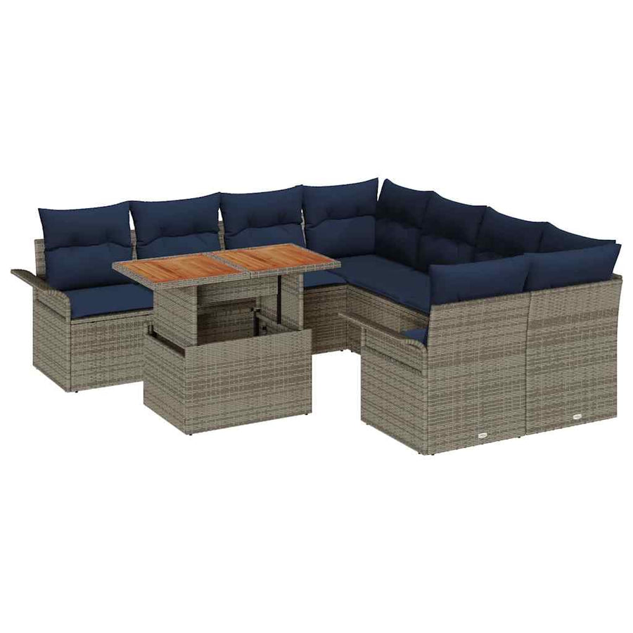 Tuinbankenset met kussen 9 pcs Grijs en Marineblauw poly rattan