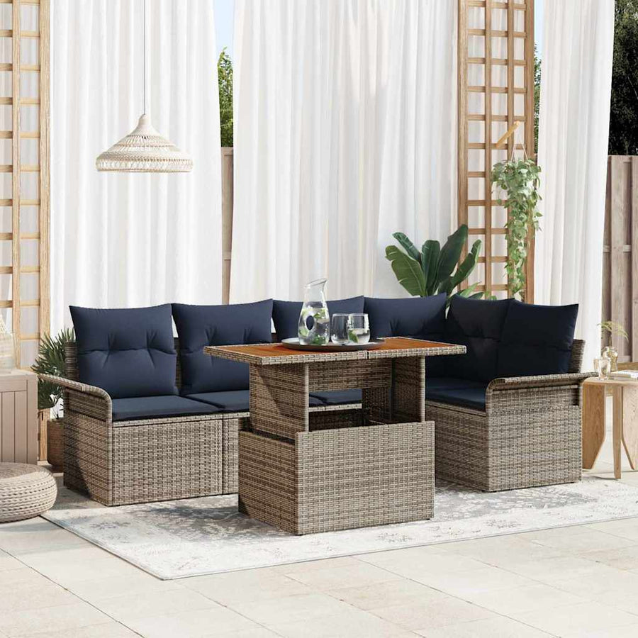 Tuinbankenset met kussen 6 pcs Grijs en Marineblauw poly rattan