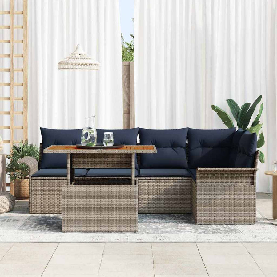 Tuinbankenset met kussen 6 pcs Grijs en Marineblauw poly rattan