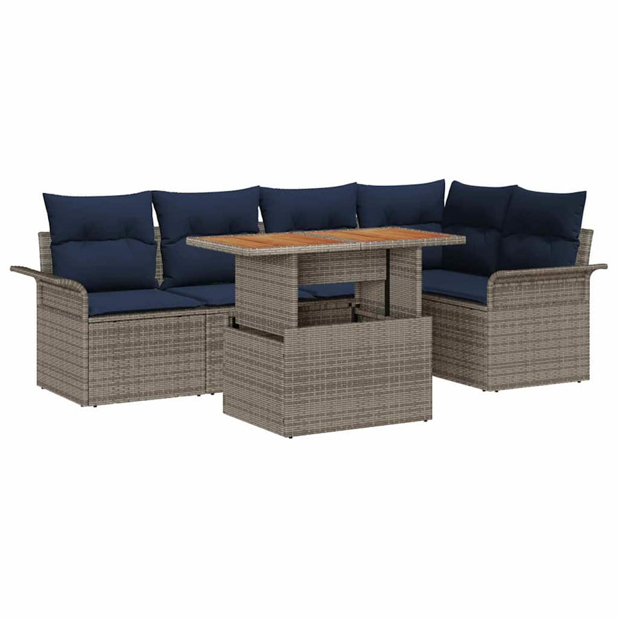 Tuinbankenset met kussen 6 pcs Grijs en Marineblauw poly rattan
