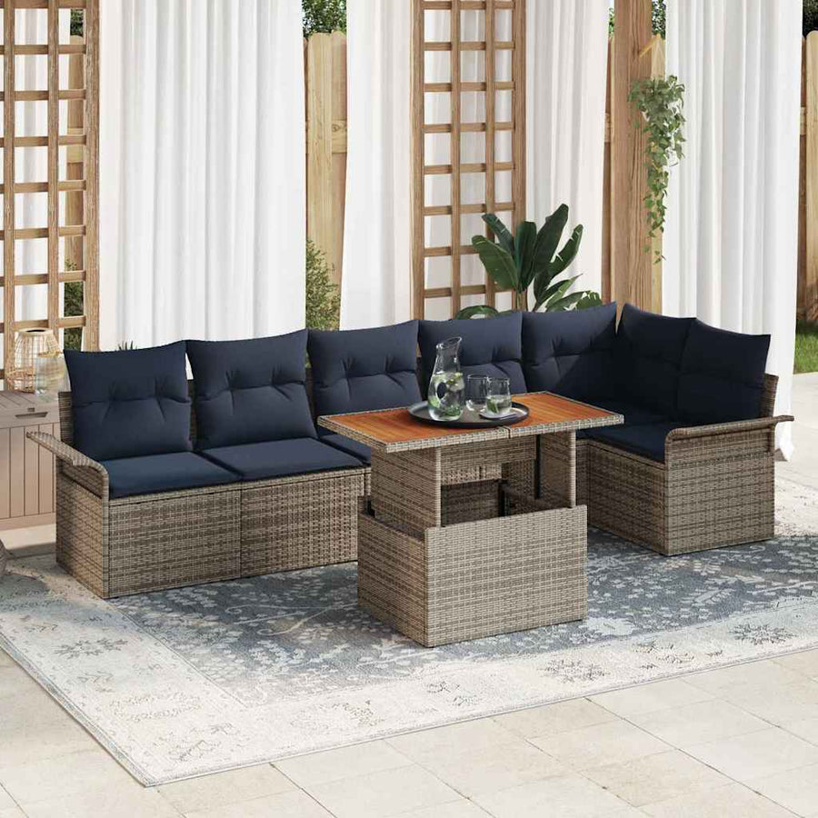 Tuinbankenset met kussen 7 pcs Grijs en Marineblauw poly rattan