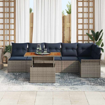 Tuinbankenset met kussen 7 pcs Grijs en Marineblauw poly rattan