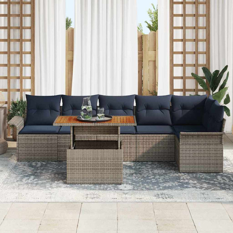 Tuinbankenset met kussen 7 pcs Grijs en Marineblauw poly rattan