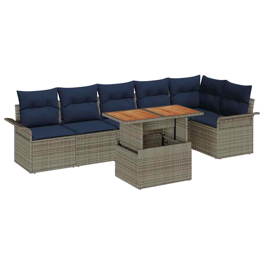 Tuinbankenset met kussen 7 pcs Grijs en Marineblauw poly rattan