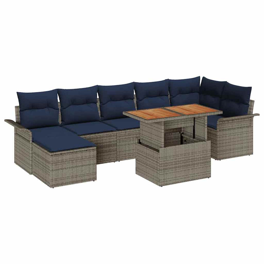 Tuinbankenset met kussen 8 pcs Grijs en Marineblauw poly rattan
