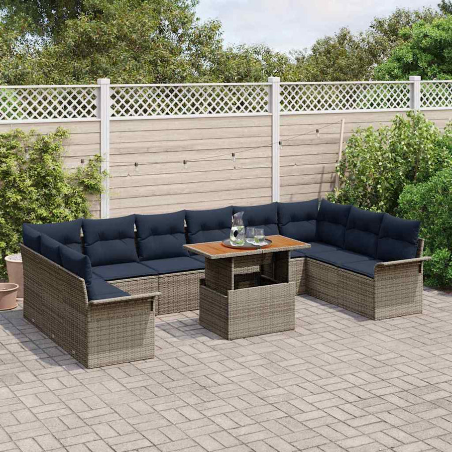 Tuinbankenset 11 pcs Grijs en Marineblauw poly rattan