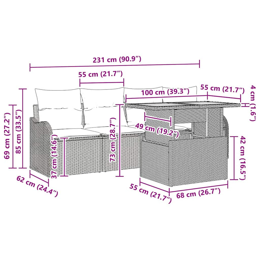 Tuinbankenset met kussen 5 pcs Beige en Licht Grijs poly rattan