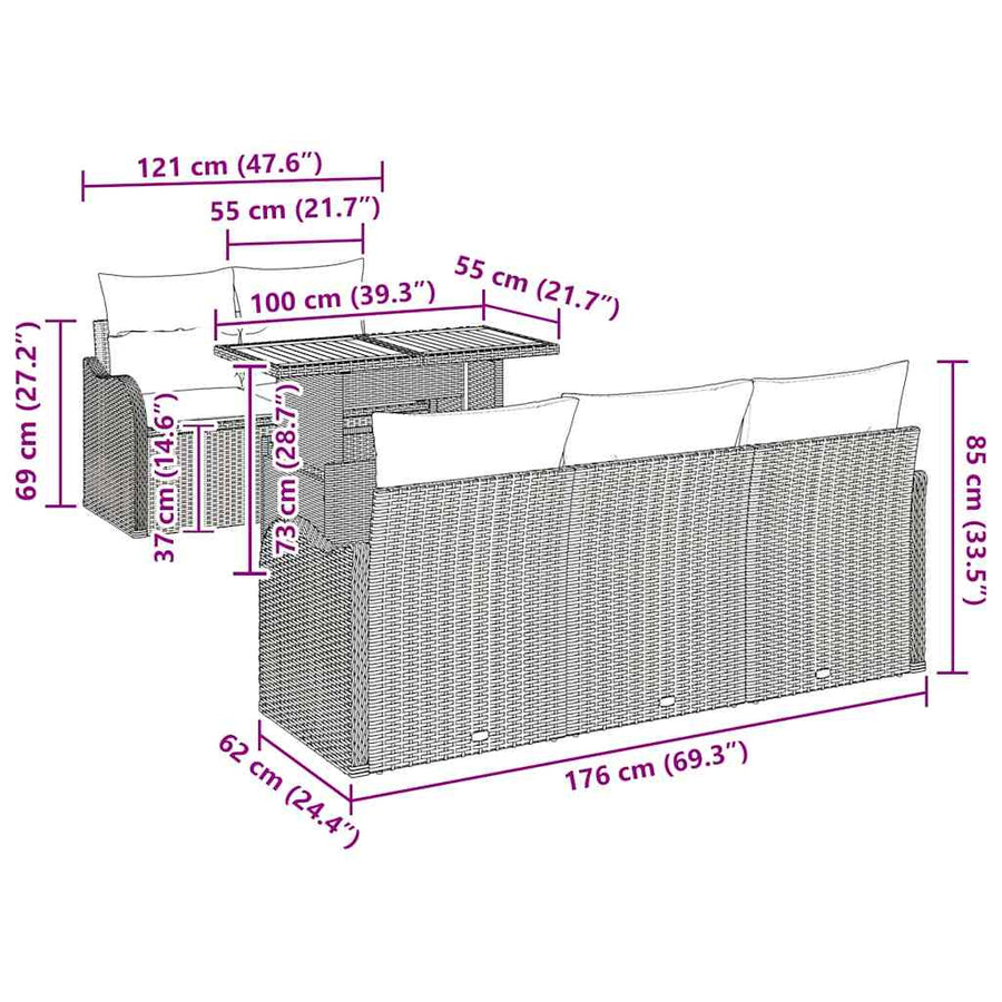 Tuinbankenset met kussen 6 pcs Beige en Crème poly rattan