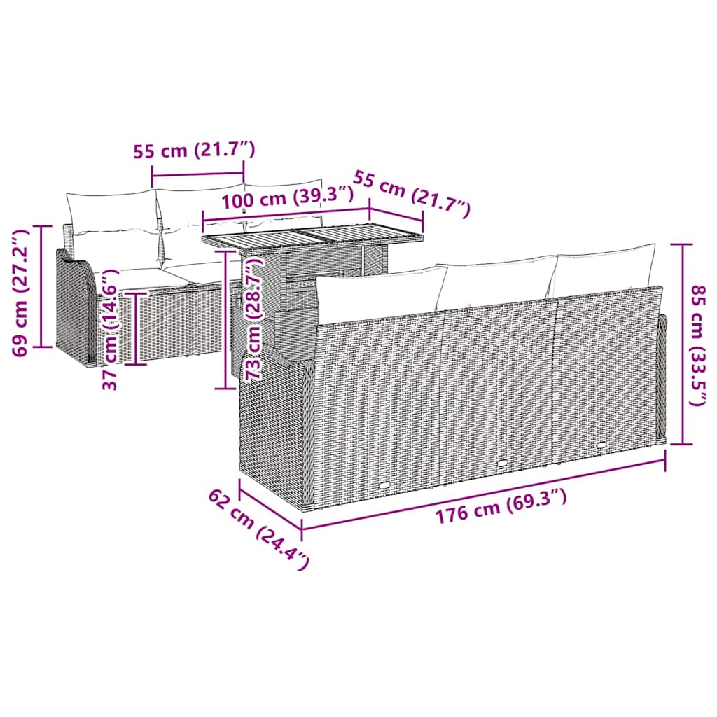 Tuinbankenset met kussen 7 pcs Beige en Licht Grijs poly rattan