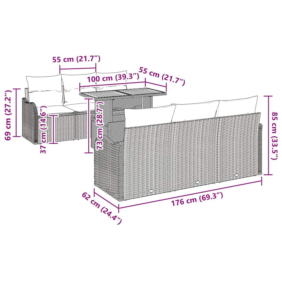 Tuinbankenset met kussen 7 pcs Zwart poly rattan