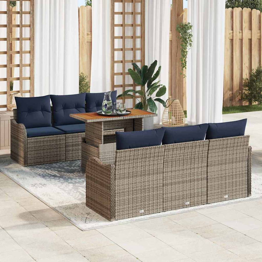 Tuinbankenset 7 st Grijs en Marineblauw poly rattan