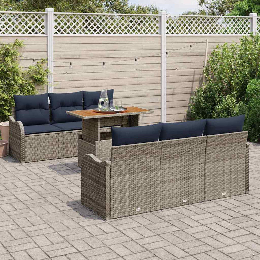 Tuinbankenset 7 st Grijs en Marineblauw poly rattan