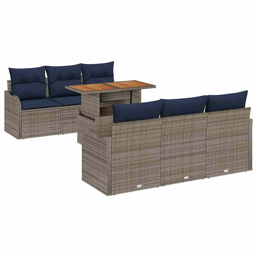 Tuinbankenset 7 st Grijs en Marineblauw poly rattan