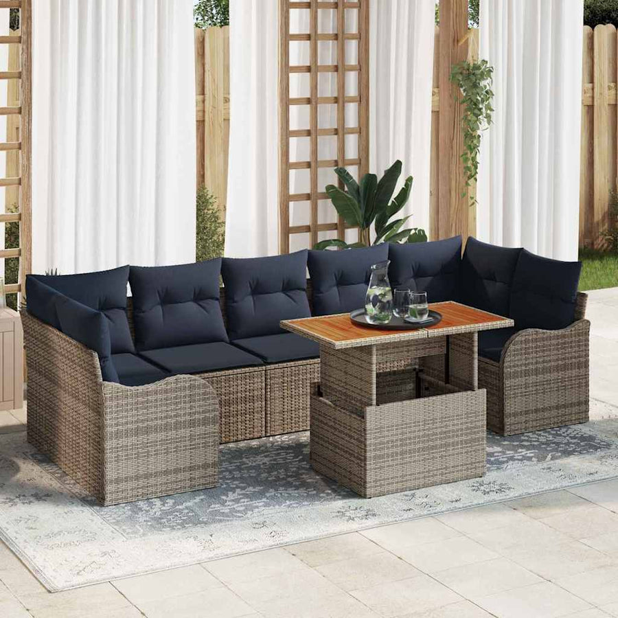 Tuinbankenset 8 st Grijs en Marineblauw poly rattan