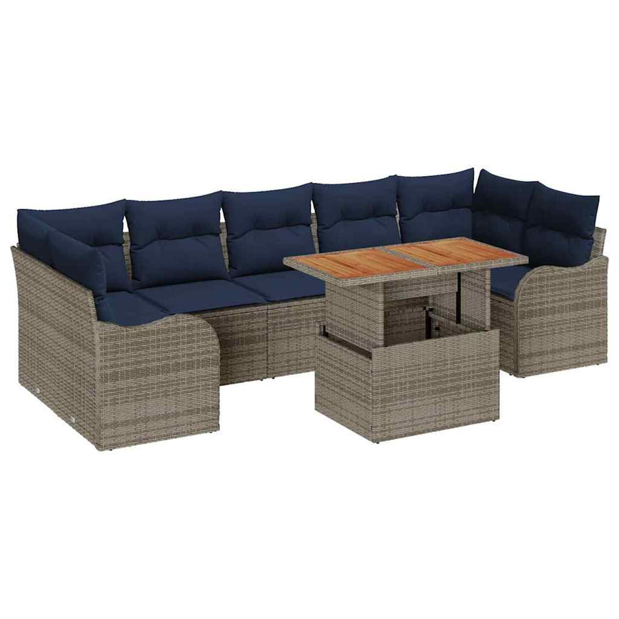 Tuinbankenset 8 st Grijs en Marineblauw poly rattan