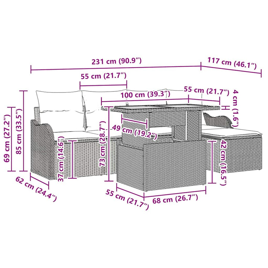 Tuinbankenset met kussen 6 pcs Zwart poly rattan