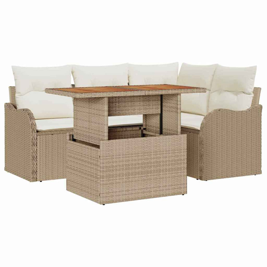 Tuinbankenset met kussen 5 pcs Beige en Crème poly rattan