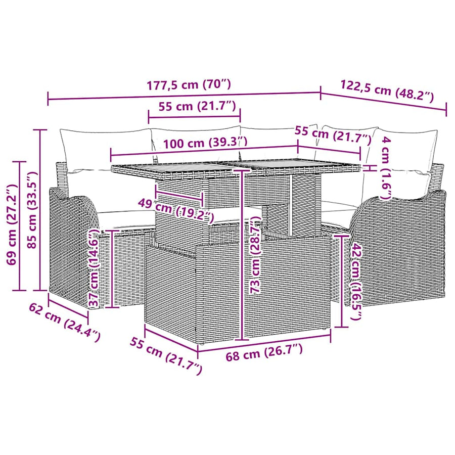 Tuinbankenset met kussen 5 pcs Beige en Crème poly rattan