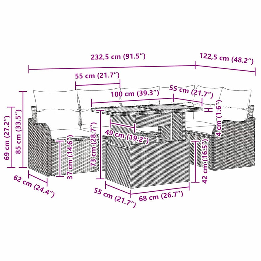 Tuinbankenset met kussen 6 pcs Zwart poly rattan