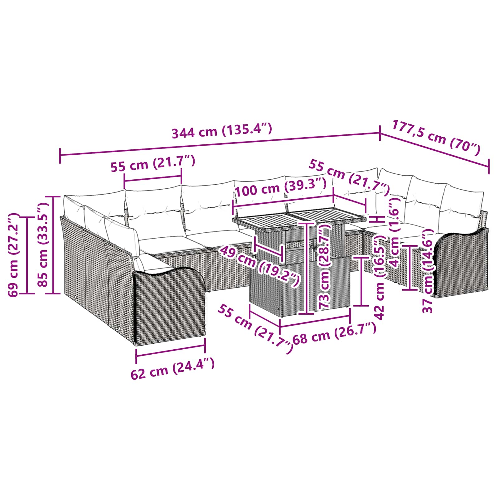 Tuin Sofa Set met kussen 11 pcs Zwart en crème