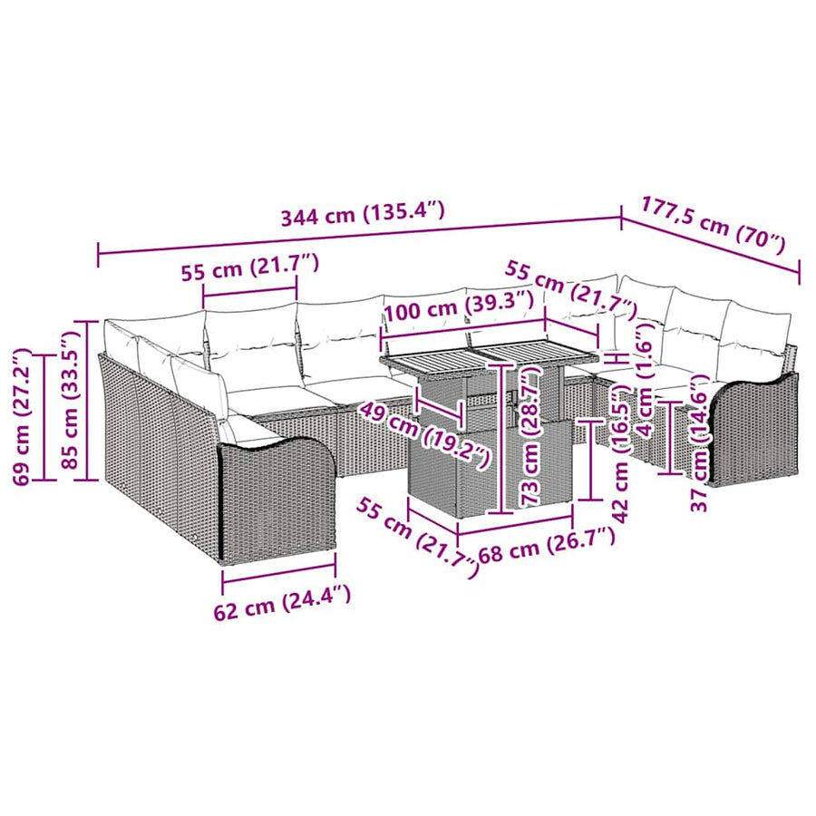 Tuin Sofa Set met kussen 11 pcs Zwart