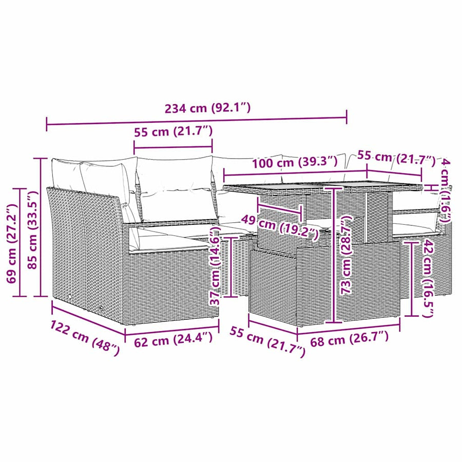 Tuin Sofa Set met kussen 7 pcs Zwart