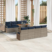 Tuinset poly rattan acaciahout grijs marineblauw 9-delig