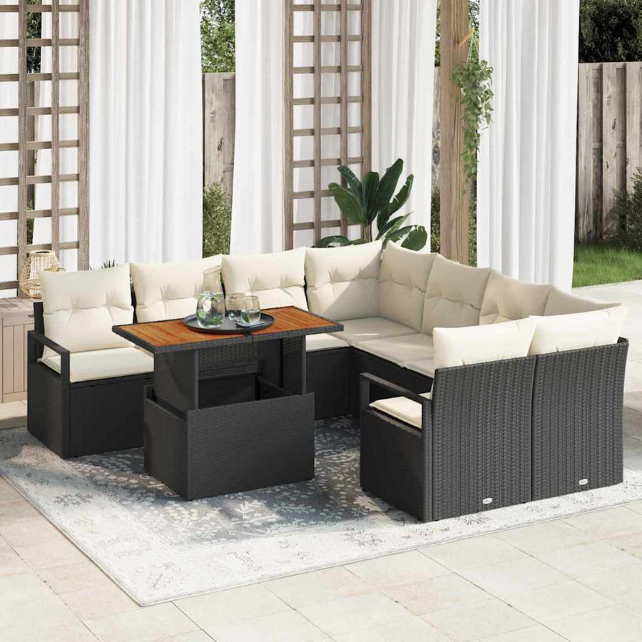 Tuin Eetset met kussen 9 pcs Zwart en Crème