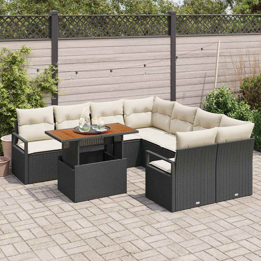 Tuin Eetset met kussen 9 pcs Zwart en Crème