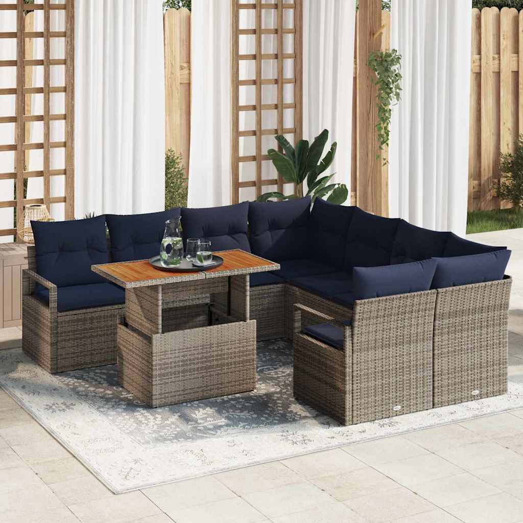 Tuin Eetset met kussen 9 pcs Grijs en Marineblauw