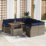 Eetset tuin 9-delig poly rattan acaciahout grijs marineblauw