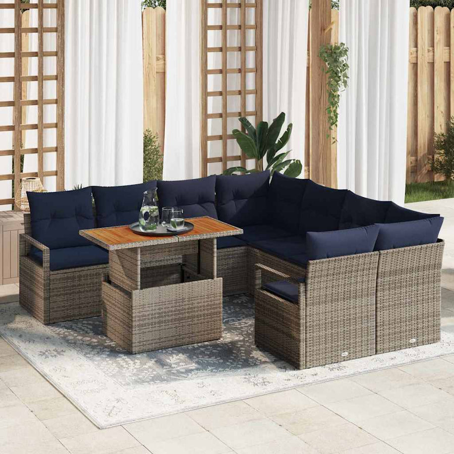 Tuin Eetset met kussen 9 pcs Grijs en Marineblauw