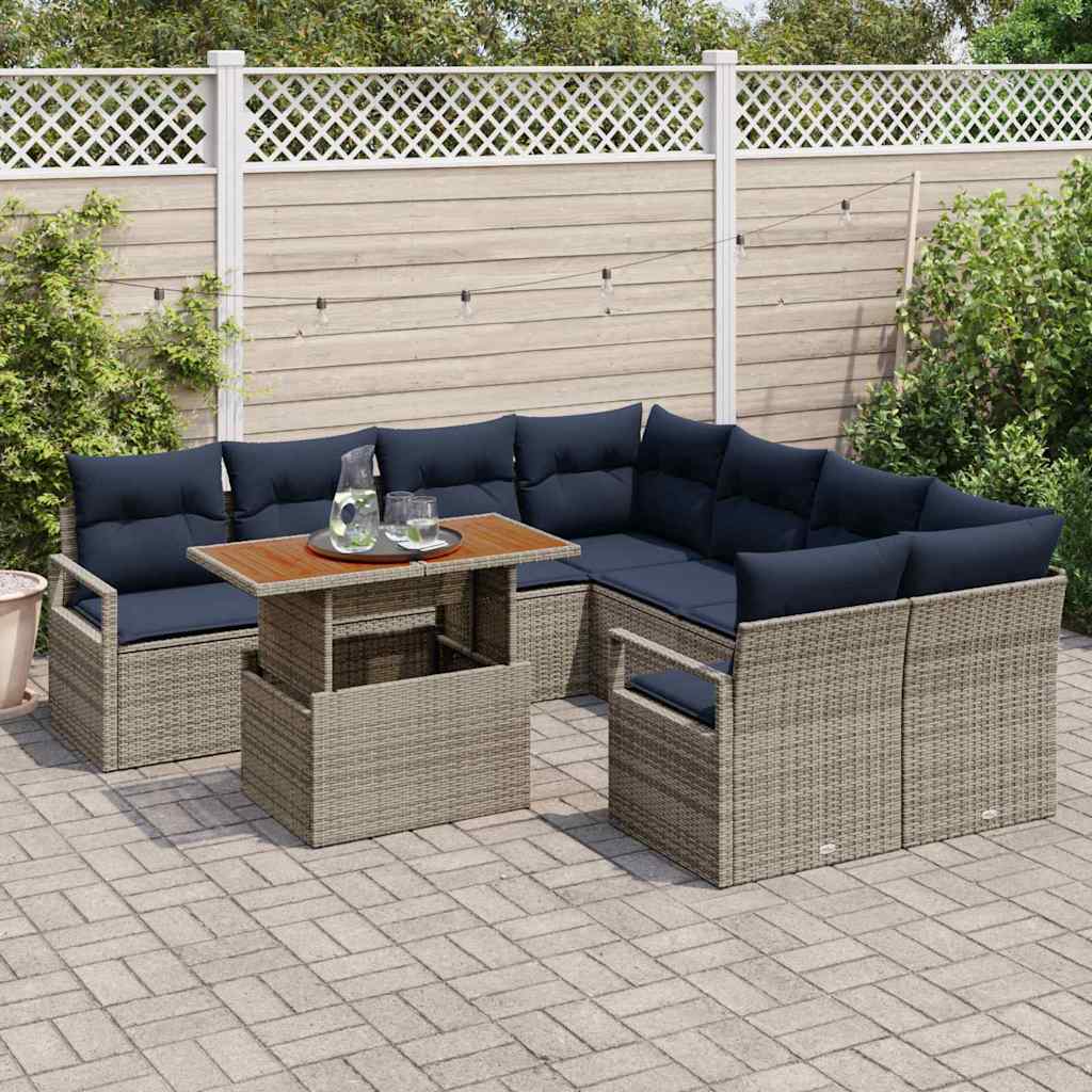 Tuin Eetset met kussen 9 pcs Grijs en Marineblauw