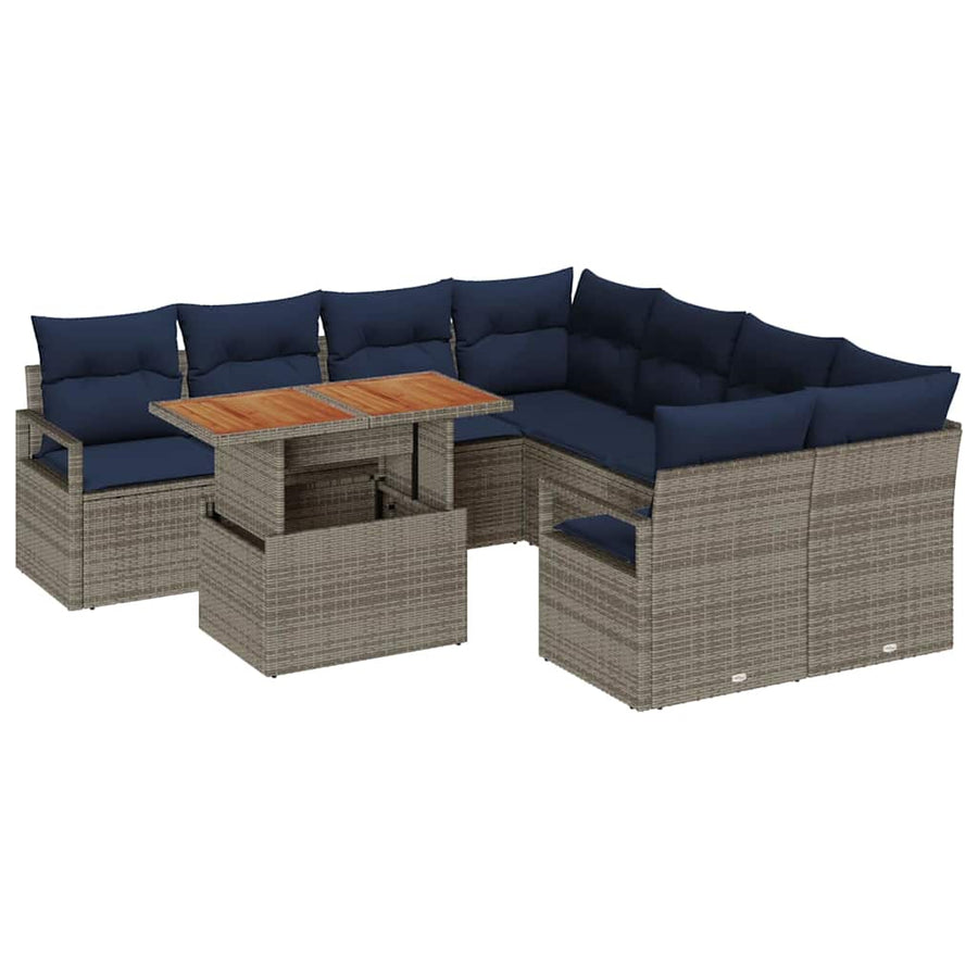 Tuin Eetset met kussen 9 pcs Grijs en Marineblauw