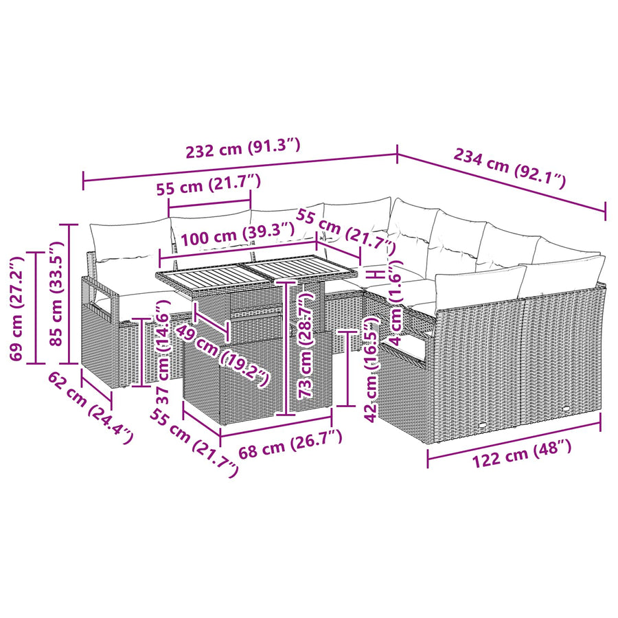 Tuin Eetset met kussen 9 pcs Grijs en Marineblauw
