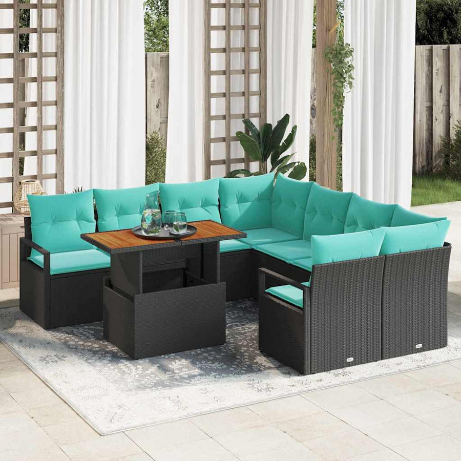 Tuin Eetset met kussen 9 pcs Zwart en Blauwgroen