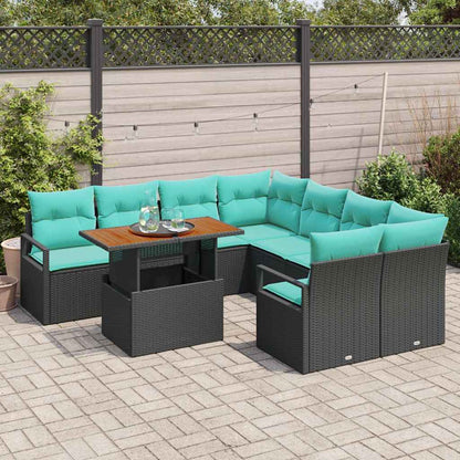 Tuin Eetset met kussen 9 pcs Zwart en Blauwgroen