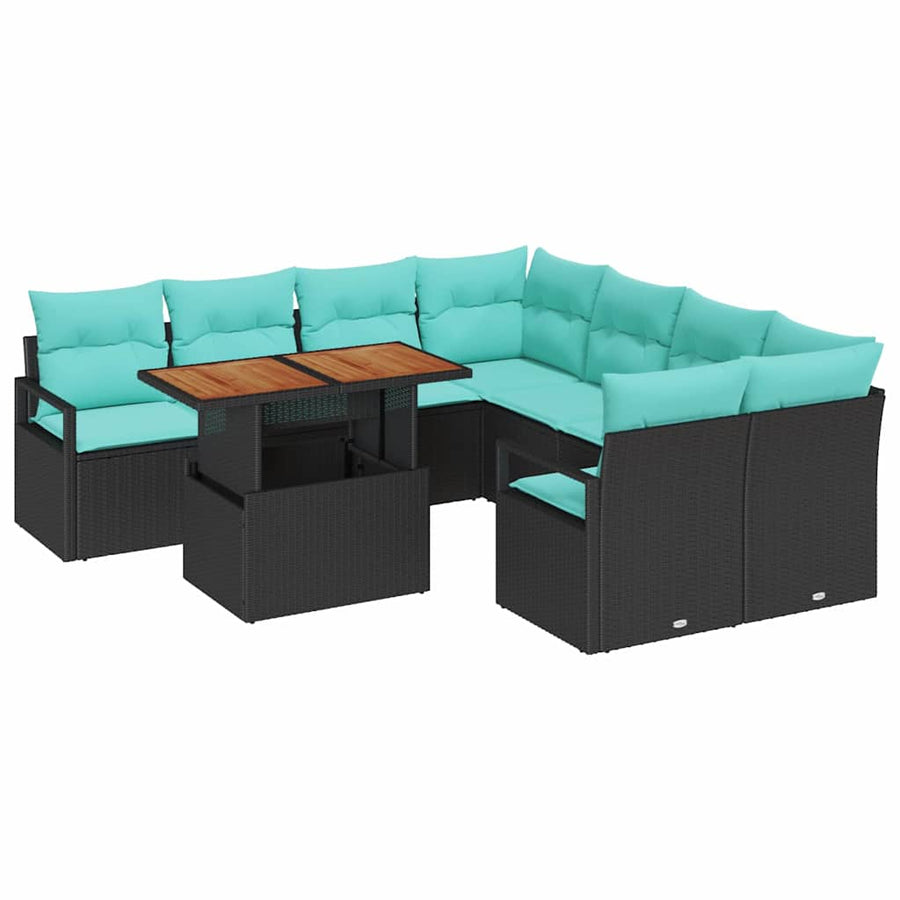 Tuin Eetset met kussen 9 pcs Zwart en Blauwgroen