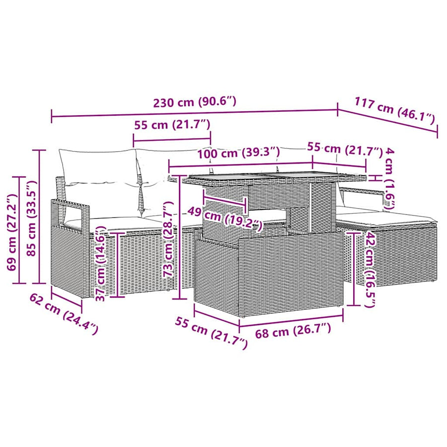Tuin Eetset met kussen 6 pcs Zwart en Bruin