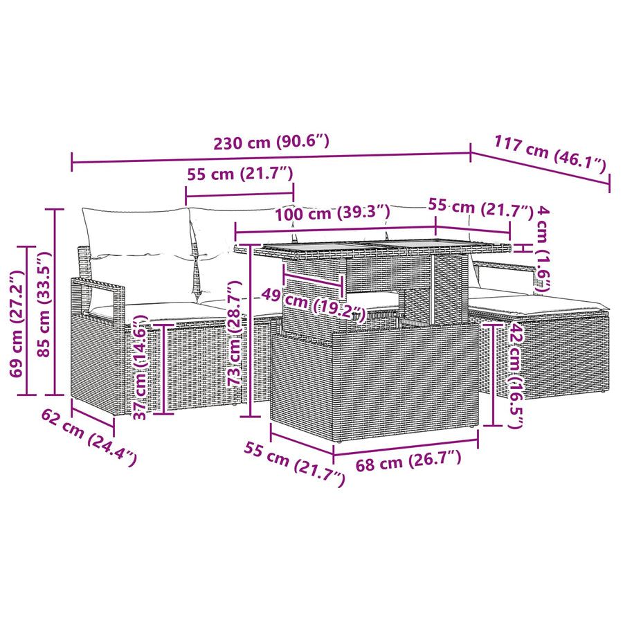 Tuin Eetset met kussen 6 pcs Grijs en Marineblauw