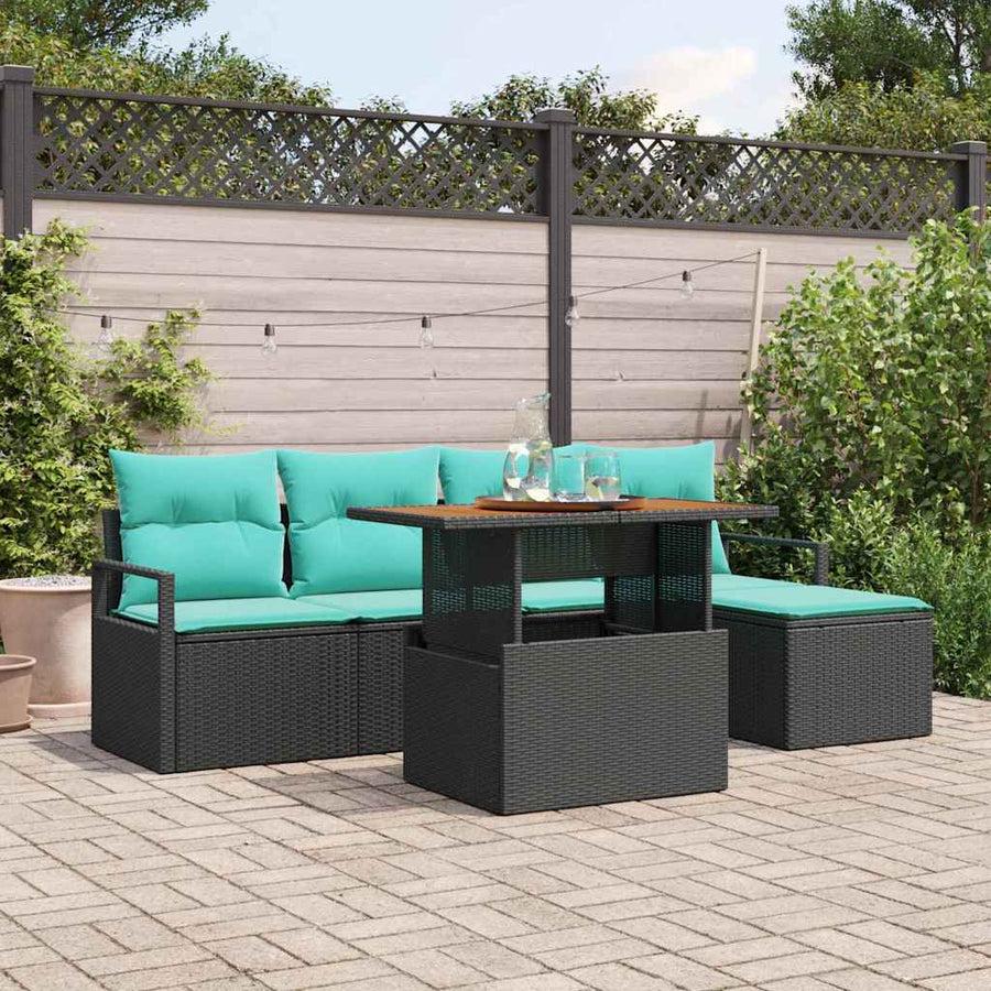 Tuin Eetset met kussen 6 pcs Zwart en Blauwgroen