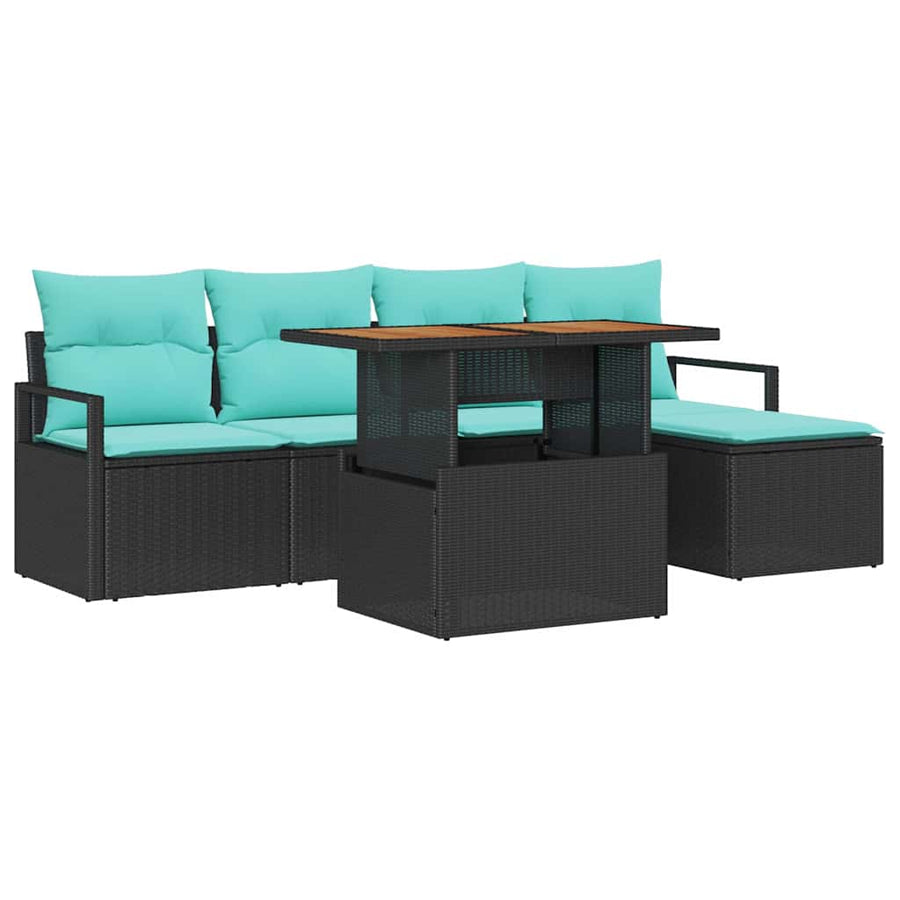Tuin Eetset met kussen 6 pcs Zwart en Blauwgroen