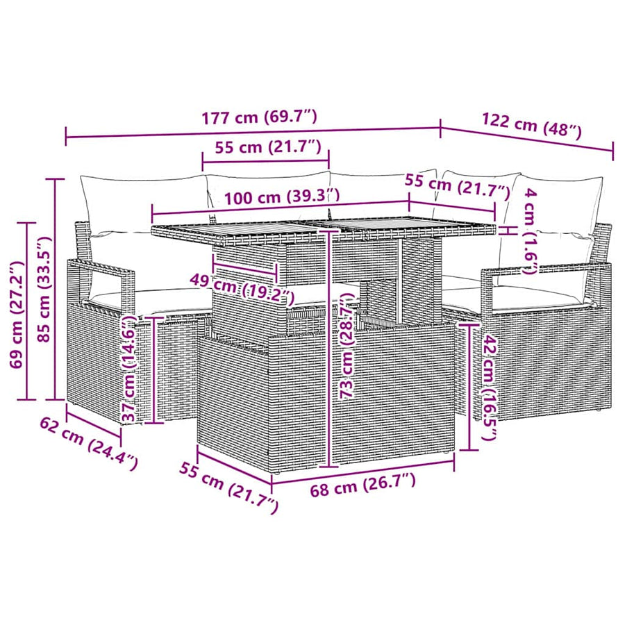 Tuin Eetset met kussen 5 pcs Zwart en Bruin
