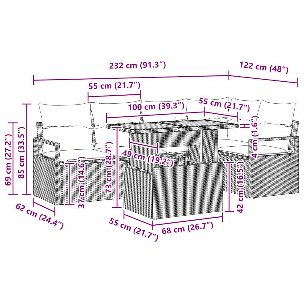 Tuin Eetset met kussen 6 pcs Zwart en Crème