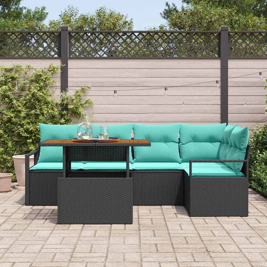 Tuin Eetset met kussen 6 pcs Zwart en Blauwgroen