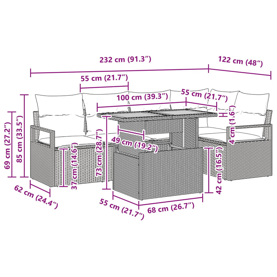 Tuin Eetset met kussen 6 pcs Zwart en Blauwgroen