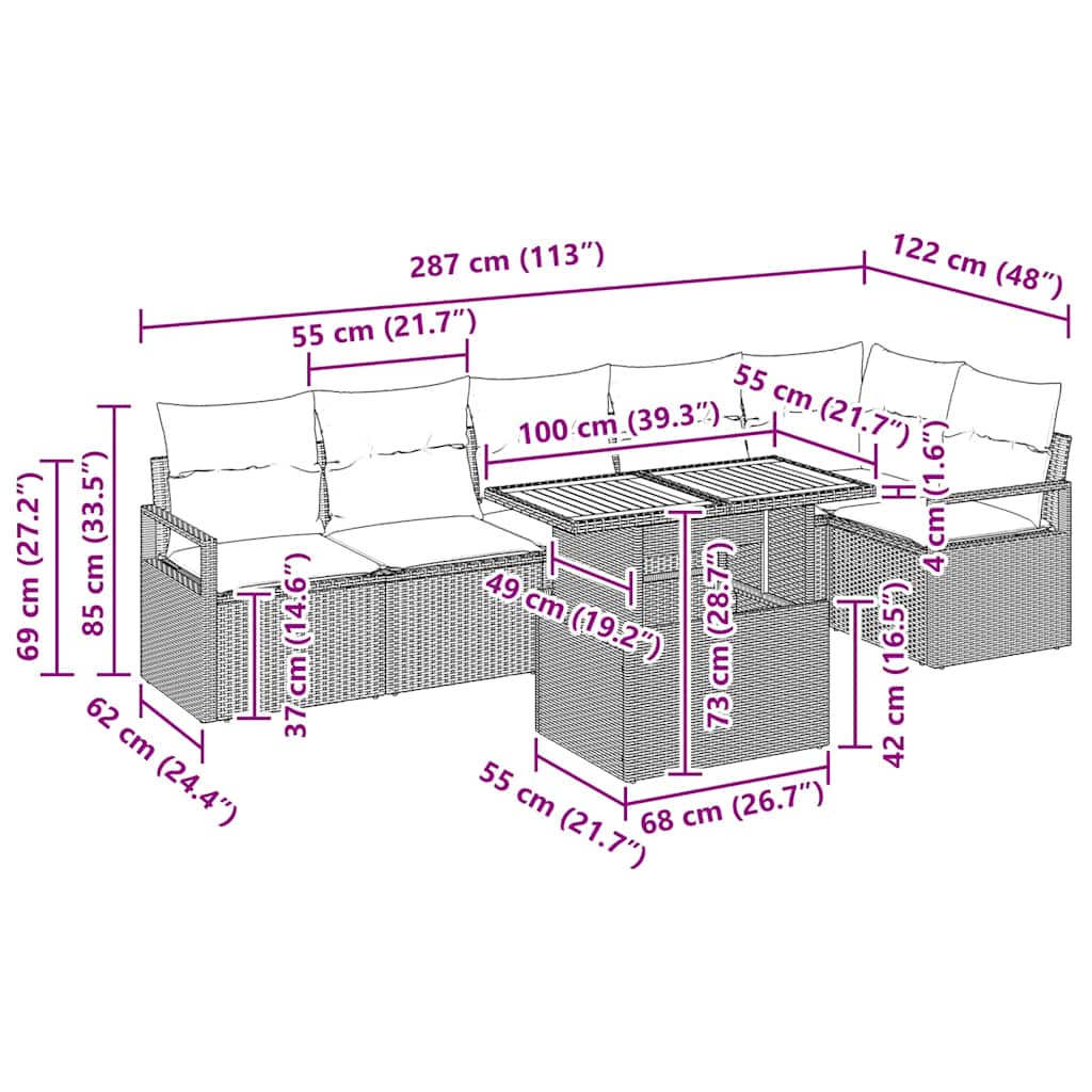 Tuin Eetset met kussen 7 pcs Beige en Grijs