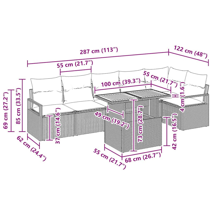 Tuin Eetset met kussen 7 pcs Zwart en Bruin