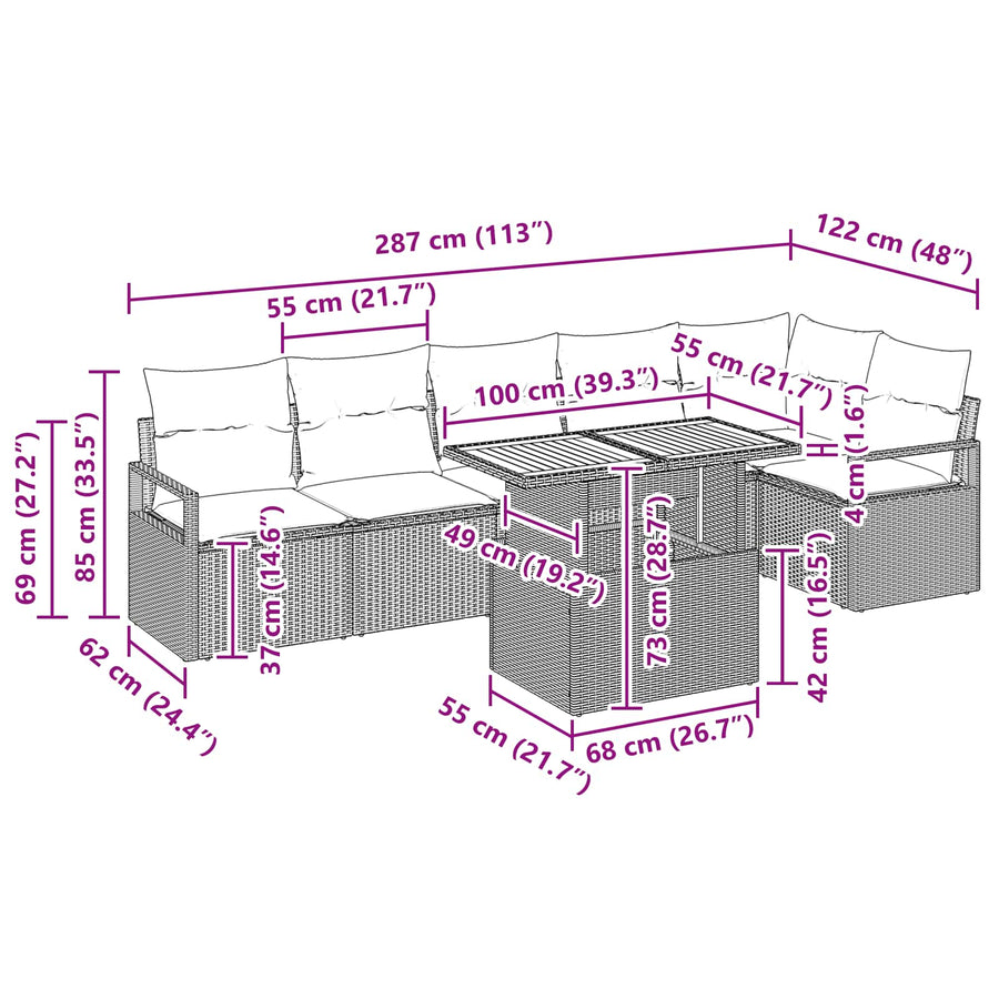 Tuin Eetset met kussen 7 pcs Grijs en Marineblauw