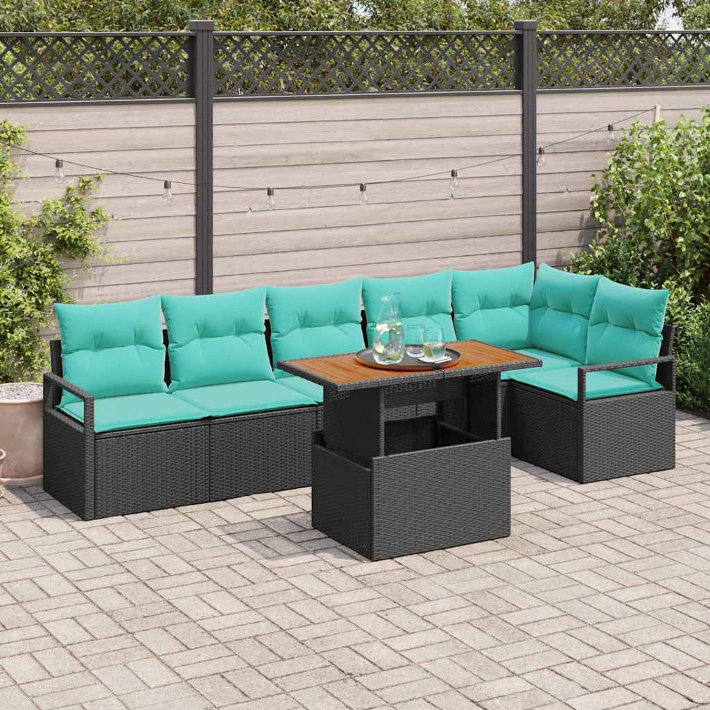 Tuin Eetset met kussen 7 pcs Zwart en Blauwgroen